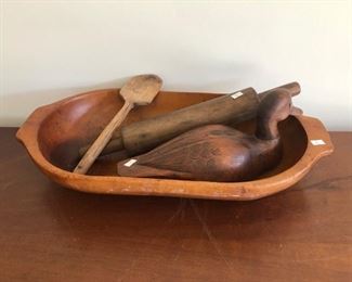 Wooden dough bowl and rolling pen and hand carved decoy