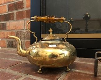 19 Century Brass tea kettle with rare glass handle 