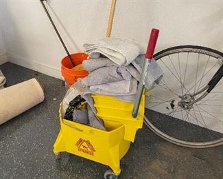 mop bucket with wheels, towels and mop