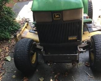 Lawn Mower: John Deere 455 Tractor, liquid cooled diesel, 60” cutting deck, shaft drive with power flow and trailer catchment system. 745 hours. Runs well, transmission fluid leaks around seal. $5,000