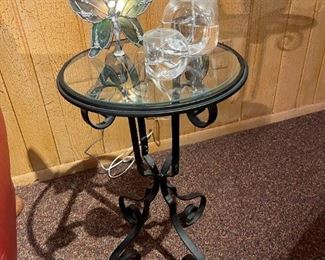 Round Glass Topped Side Table with Wrought Iron Base
