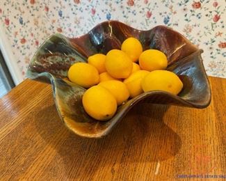 Decorative Signed Pottery Bowl with Faux Lemons