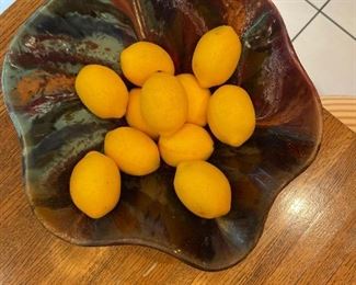 Decorative Signed Pottery Bowl with Faux Lemons