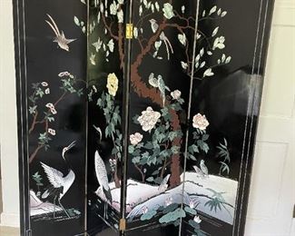Chinese Black Lacquer 4 Panel Room Screen