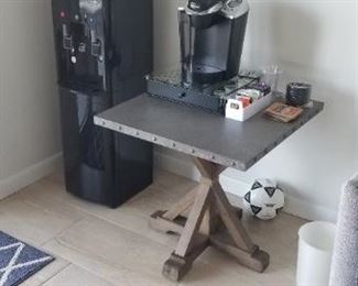 Water cooler; industrial chic table