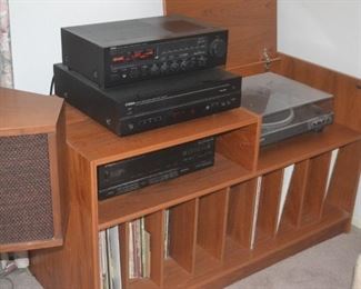 TEAK STEREO CABINET, SELECTION OF RECORDS, SONY TURNTABLE, YAMAHA AND SONY STEREO COMPONENTS