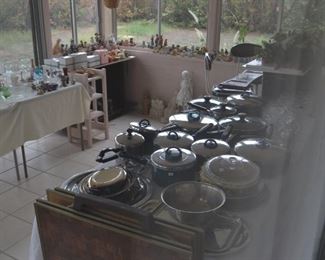 SO MUCH KITCHEN!  POTS AND PANS, SERVING PCS, BAKEWARE, ETC.  ALSO VASES, COLLECTIBLE FIGURINES