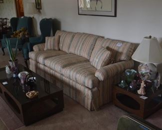 WOODMARK SOFA (MATCHING LOVESEAT), PAIR OF WINGBACK CHAIRS, TABLE AND FLOOR LAMPS, FRAMED PRINT, COLLECTIBLES.  COFFEE AND END TABLE HAVE BEEN SOLD.
