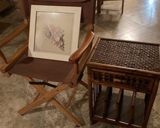 Home Decor Bamboo Table, Fold Chair, Seashell Picture