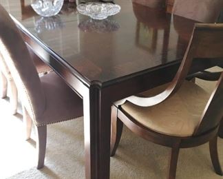 Stanley Beau Nouveau Dining table. 46" wide, 72" long. Two 20" leaves. Two Stanley Beau Nouveau Academy Chairs. 6 microfiber chairs.  