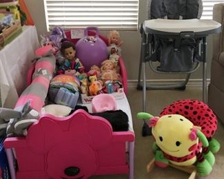 Cute Minnie Mouse bed with mattress, Graco high chairs,  toys and more