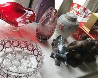 Colorful glass...onyx bull....primitive wood bookends