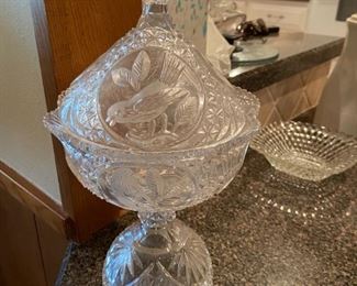 Hofbauer German 24% leaded crystal compote/candy dish lidded with engraved birds.  Part of the Byrde series,  Discontinued collectible. 