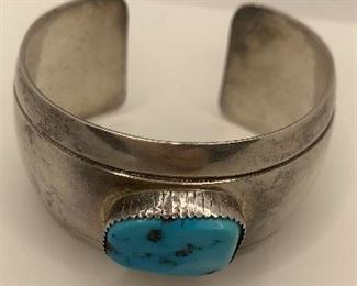 top view-Chunky Cuff  1 3/8" thick and measures 17/8" by 21/4" and the turquoise measures 3/4" by 1/2". $95 stamped with a makers mark and sterling