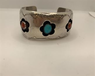 Shadow box Native American Silver and Turquoise cuff has a dent $95 1.25’’ thick  2.5” by 2”