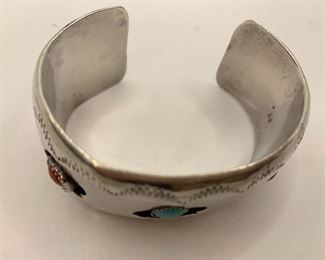 Top-Shadow box Native American Silver and Turquoise cuff has a dent $95