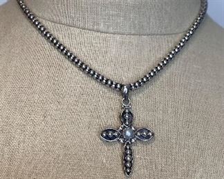 Sterling 16” long beaded necklace with 1.75” cross 
