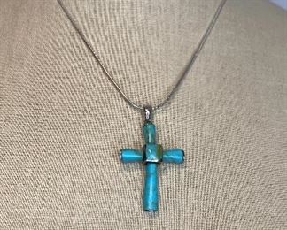 Sterling 18” chain 2” turquoise cross $50