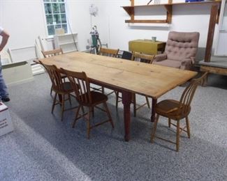 Antique Farmers table 93 X 36. Also, 6 antique thumb back chairs.