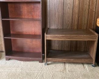 Mahogany Bookcase and Small Rolling Particle Board Cart