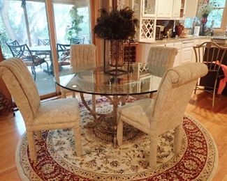 GLASS TABLE WITH IRON BASE & 4 CHAIRS - ROUND RUG