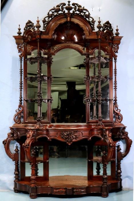 051a - Rosewood rococo etagere with all original finials and crown, ca. 1855, attrib. to T. Brooks, NY, 8 ft. 6 in. T, 71 in. W, 19 in. D.