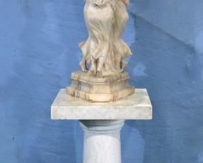 093a - Heavily carved alabaster lamp of 3 Graces holding ball, 41 in. T, 15 in. W, shade 12 in. Dia.