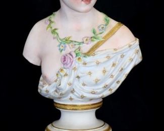 014a - French 2 piece porcelain bust on stand, 17 in. T, 6 In Dia.