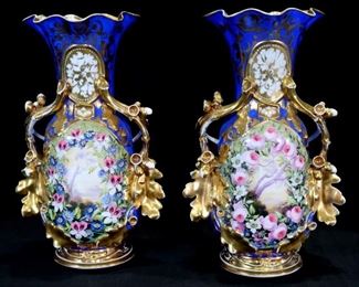 036a - Pair of 19th Century royal blue porcelain old Paris vases mantle vases with gold decoration and roses, 17 in. T, 8 in. W.
