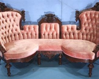 062a - Large walnut Victorian triple back sofa with ladies heads carved in back and peach upholstery, attrib. to John Jelliff in great condition, 41 in. T, 77 in. L, 26 in. D, matches # 66