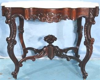 046a - Unusual white marble top rosewood parlor table with turtle top, attrib. to Meeks, 30 in. T, 40 in. L, 28 in. W.