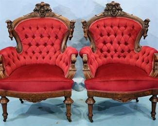 066a - Pair of walnut Victorian parlor chairs by J. Jelliff with red upholstery, 44 in. T, 30 in. W, 19 in. D.