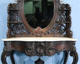 072a - Rosewood rococo dressing table, carved all over attrib. to P. Mallard, 77 in. T, 44 in. W, 21 in. D.