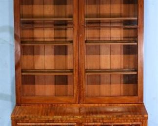 052a - Walnut Victorian extremely Large secretary with tall bookcase, glass doors, burl trim and bracket feet, 9 ft. T, 60 in. W, 20 in D.