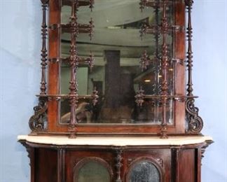 087a - Rosewood rococo etagere with bonnet top and white marble, 8 ft. T, 55 in W, 19 in. D.
