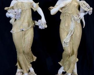 030a - Pair of Royal Vienna porcelain figures with gold dress, signed, 26 in. T, 10 in. W.