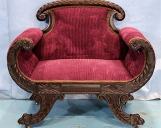 095a - Mahogany Empire acanthus carved window seat with purple upholstery, 32 in. T, 36 in. W, 19 in. D.