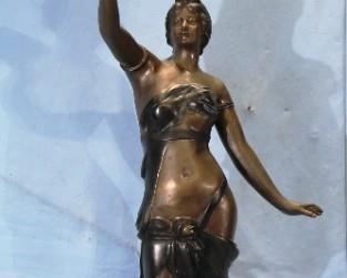 129a - Art Nouveau style bronze figurine lamp with woman holding a torch base and frosted etched shade, 61 in. T, 31 in. W.