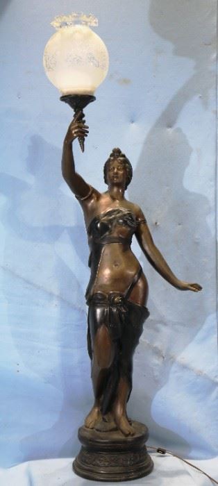 129a - Art Nouveau style bronze figurine lamp with woman holding a torch base and frosted etched shade, 61 in. T, 31 in. W.
