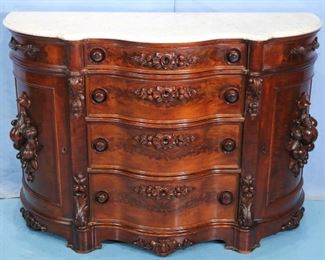 157a - Burl walnut rococo credenza parlor cabinet with heavy carving on rounded doors and front and tiger maple drawers, made by Mitchell and Rammelsberg, 36 in. T, 52 in. W, 21 in. D.