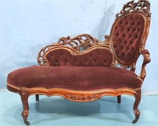 163a - Pierced carved walnut Victorian Recamier, all original in great condition with burgundy velvet upholstery, 45 in. T, 53 in. W, 21 in. D. - Copy