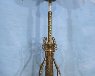 032Aa - Late Victorian brass piano lamp signed Miller, still oil with lots of fancy work on base and grape shade, excellent condition, 62 in. T.