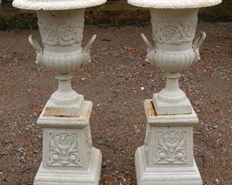 367a - Matched pair of double handle tall urns on stand, painted white with lions on handle, 41 in. T, 19 in. D.