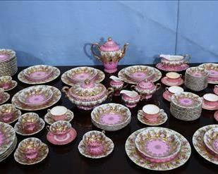 24 - Beautiful 108 piece set of Carlsbad China with beehive mark, complete service for twelve, 12 luncheon, 12 diner plates, pink with hand painted gold decoration