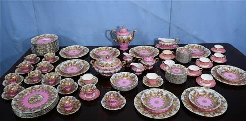 24 - Beautiful 108 piece set of Carlsbad China with beehive mark, complete service for twelve, 12 luncheon, 12 diner plates, pink with hand painted gold decoration