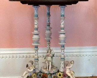 48 - Beautiful rare antique Dresden lamp table with figures on table and legs, 24 in. L, 17 in. D, 36 in. T.