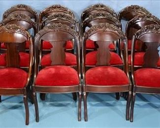 82 - Set of 12 Seignouret gondola style dining chairs with beautifully carved backs, ca. 1820 - 1840, 34 in T, 18 in W, 17 in. D. in great condition