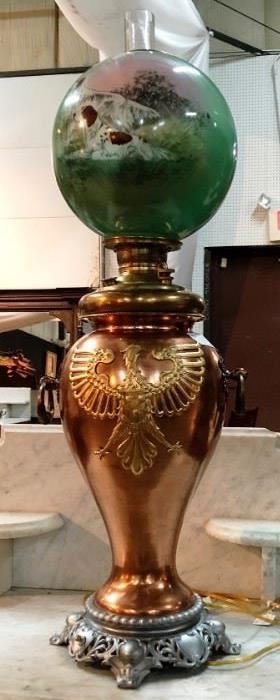 199 - Large Miller Copper oil lamp with Phoenix bird and hand painted bird dog shade, 34 in. T.