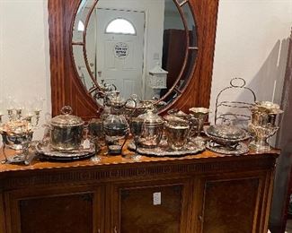 Sterling plated items and vintage cabinet