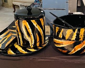 Fitz and Floyd Tiger Omnibus Collection Plates, Salad Bowls, Serving Utensils, Ice Bucket and Trays 